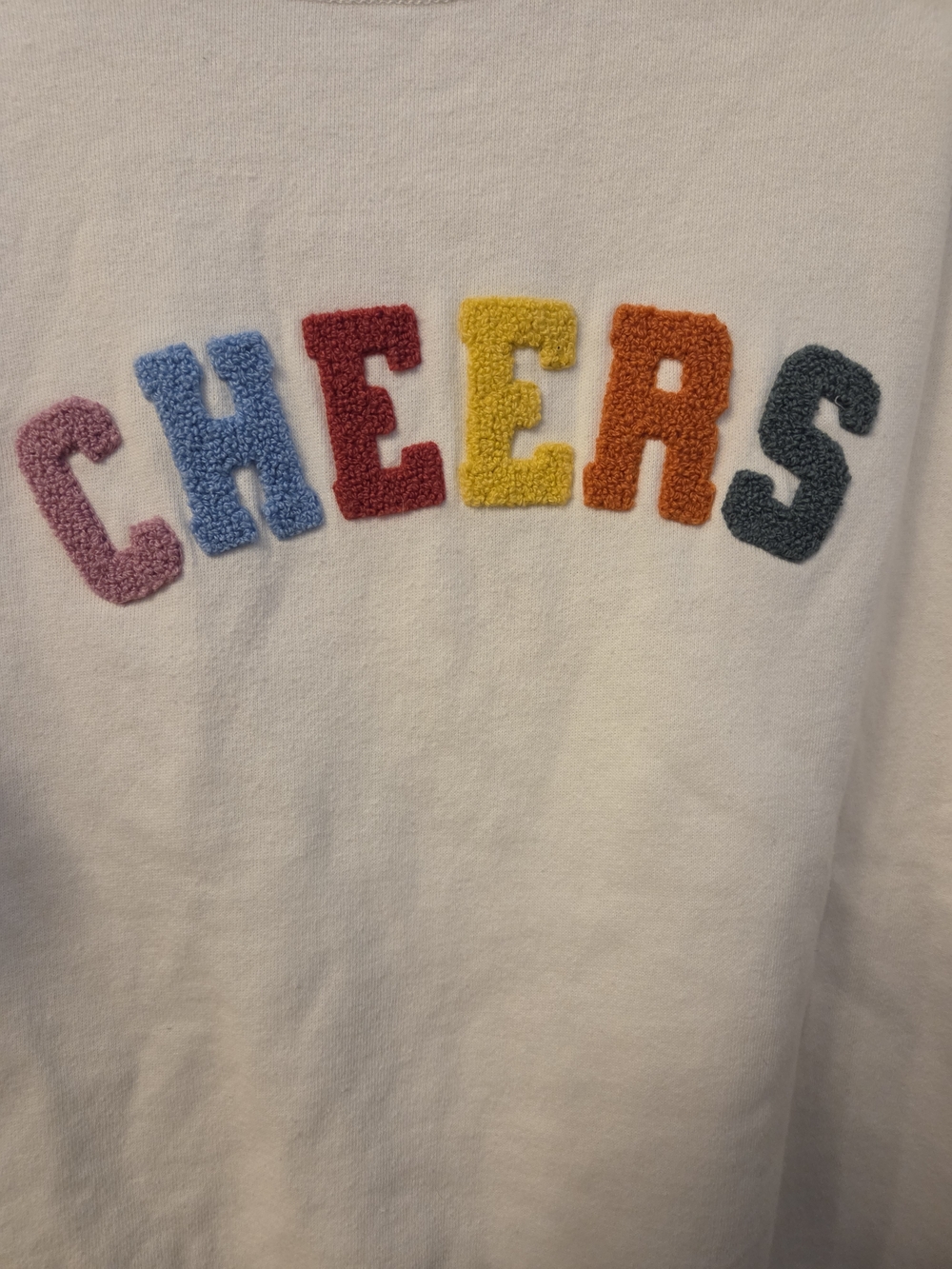 Maurices White Crewneck Sweater with Multicolor 'CHEERS' Chenille Letters - Picture 2 of 7
